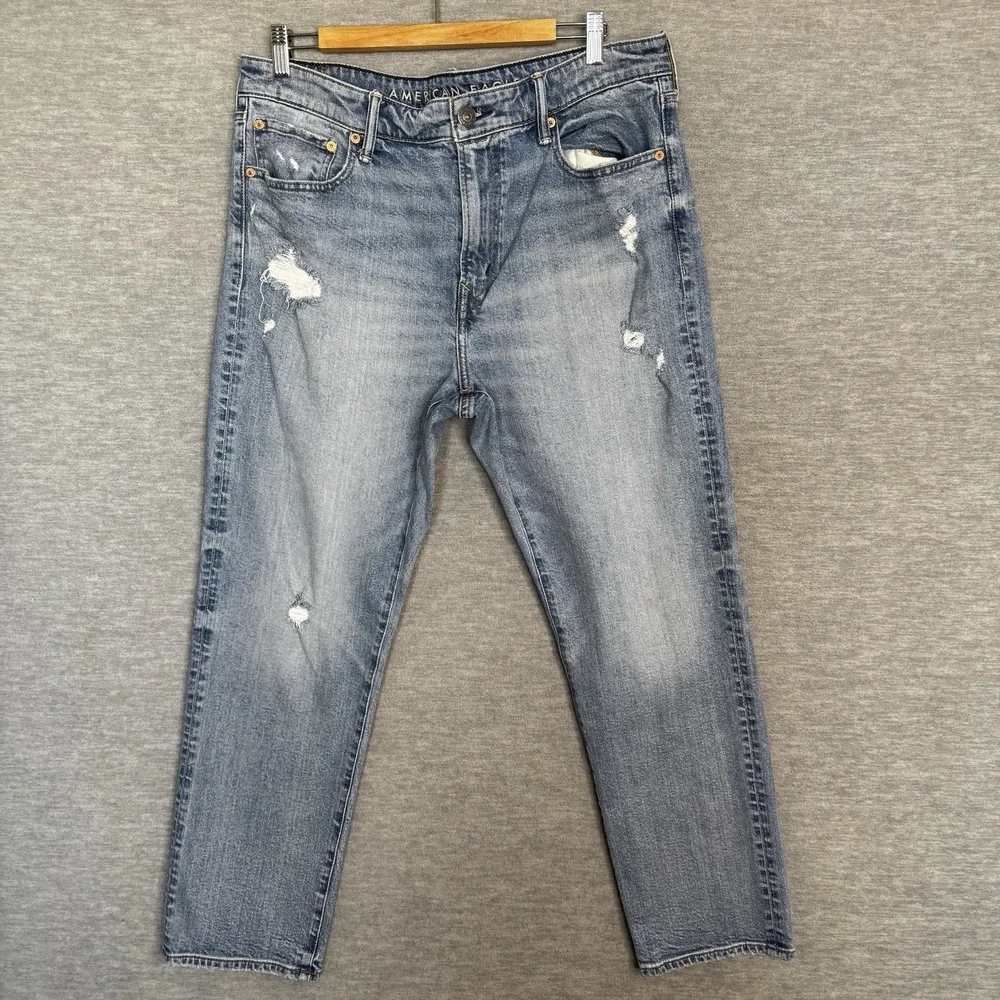 American‎ Eagle EASYFLEX Men's Slim Straight Jeans 36x30 Light Blue Distressed